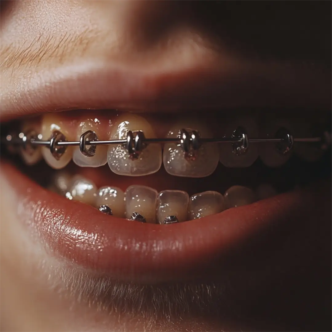 Primer plano de una sonrisa que muestra aparatos metálicos sobre brackets transparentes, resaltando los dientes y los labios sanos.
