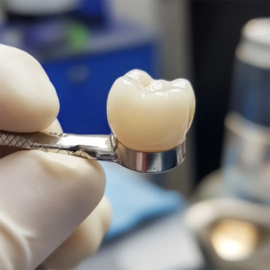 Una mano enguantada sostiene una corona dental blanca y brillante con forma de diente, contra un fondo borroso de instrumentos dentales.