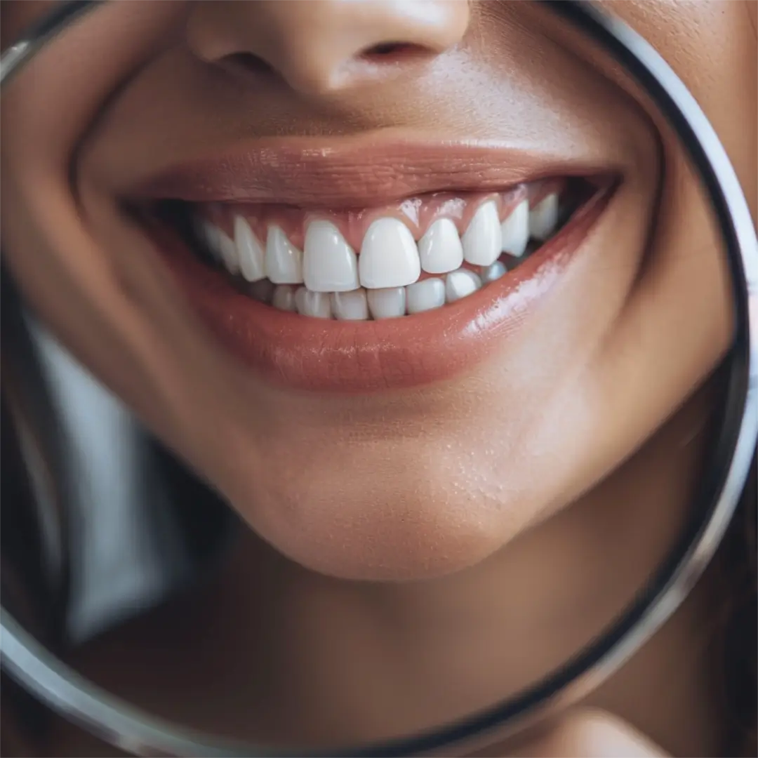 Un primer plano de una persona que sostiene un espejo circular, que refleja una iluminación suave y tonos de piel, con un fondo borroso.