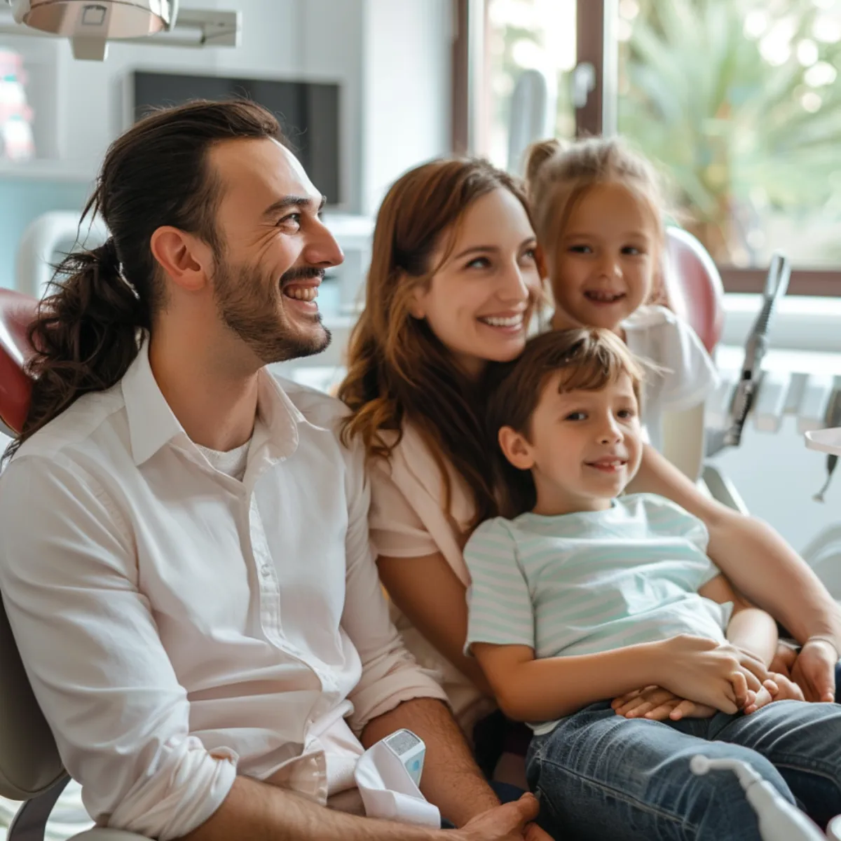 Una familia de cuatro personas se sienta junta en un consultorio dental, luciendo relajada en una sala de espera moderna llena de luz natural.