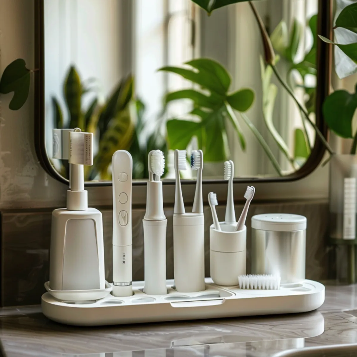 Una moderna estación de cepillos de dientes cuenta con una variedad de herramientas dentales blancas, incluidos cepillos de dientes eléctricos y recipientes de almacenamiento, en un entorno elegante.