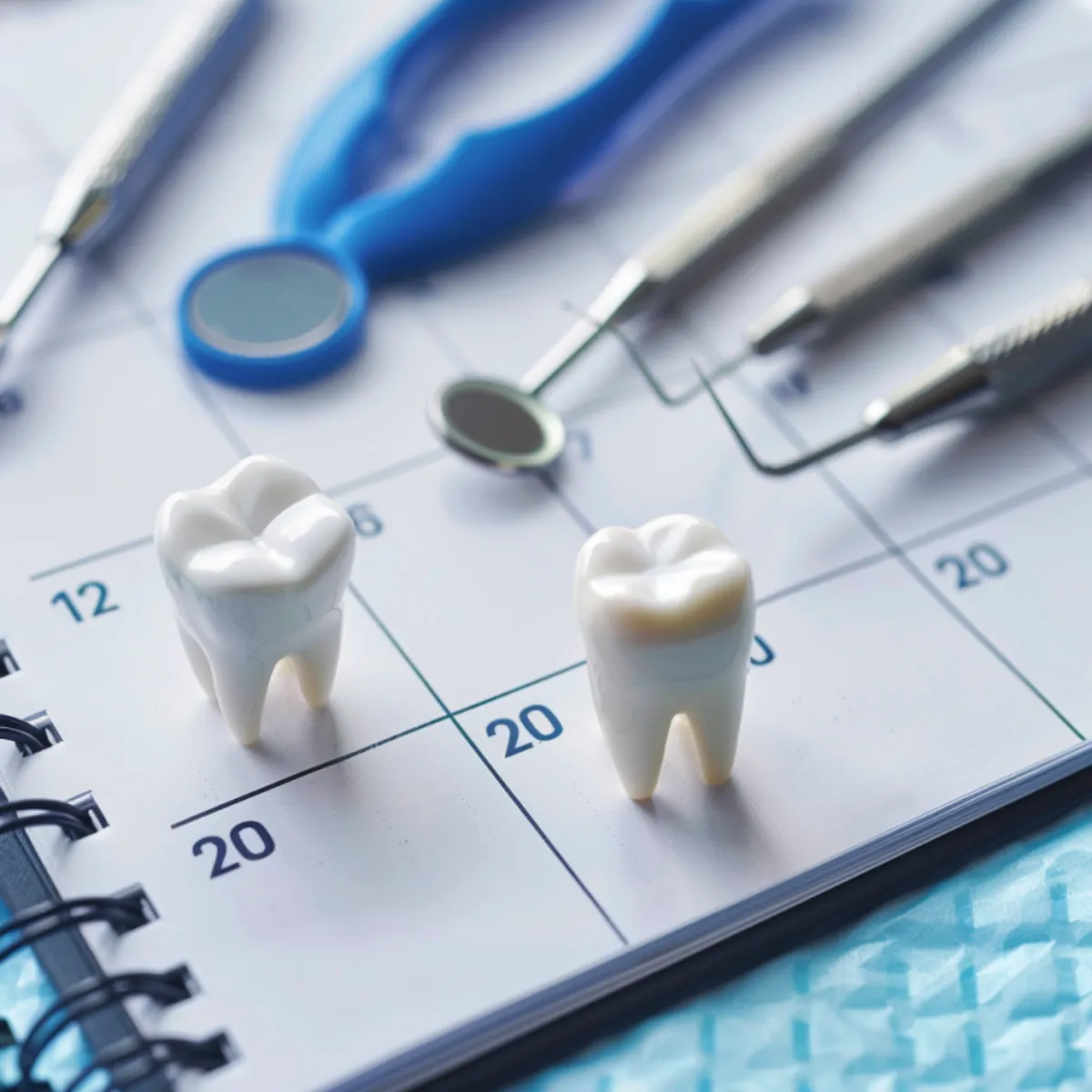 Dos figuras de dientes descansan sobre un calendario que muestra el día 20, rodeadas de herramientas dentales como espejos y sondas.